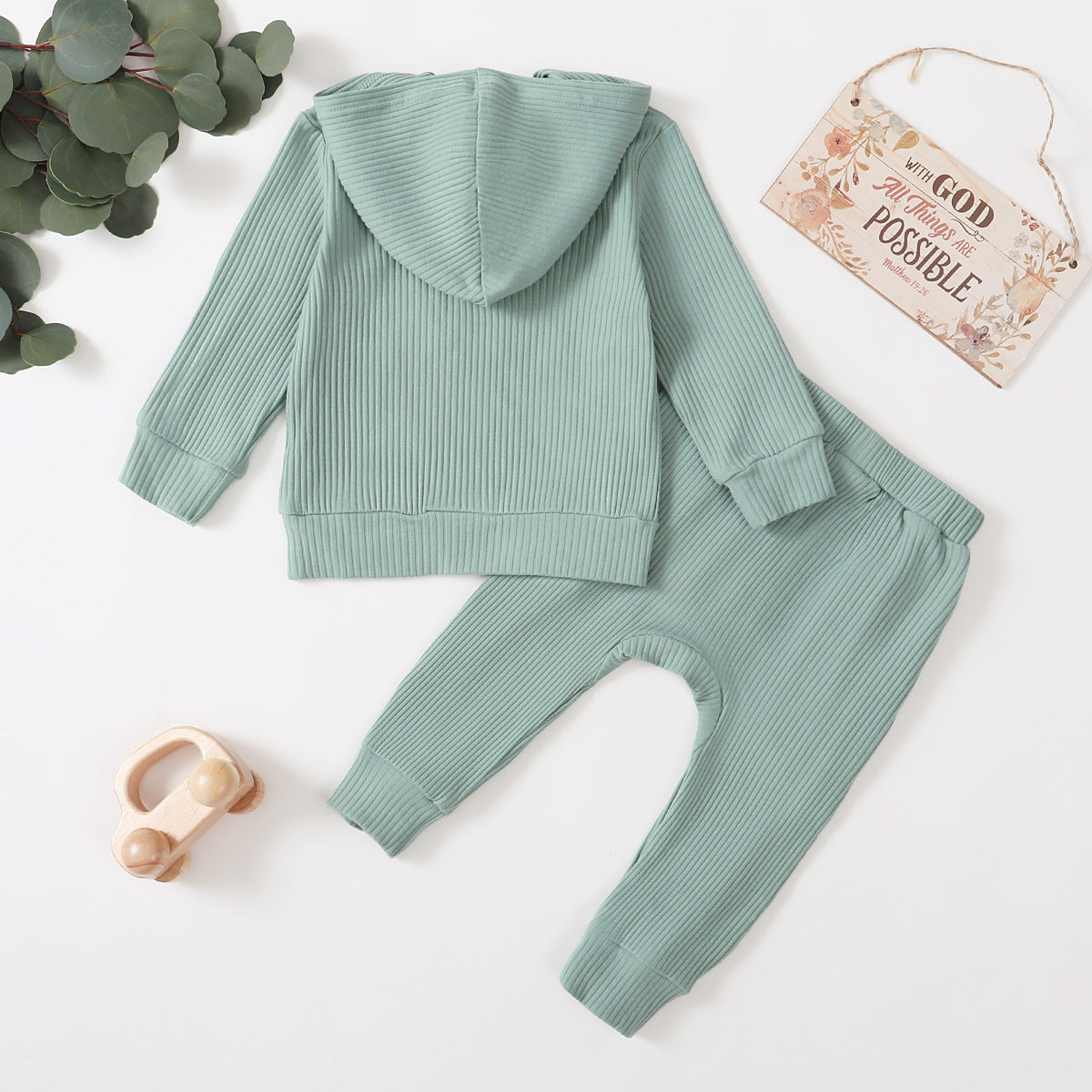 Cotton Ribbed Long-sleeve Hoodie and Pants Set