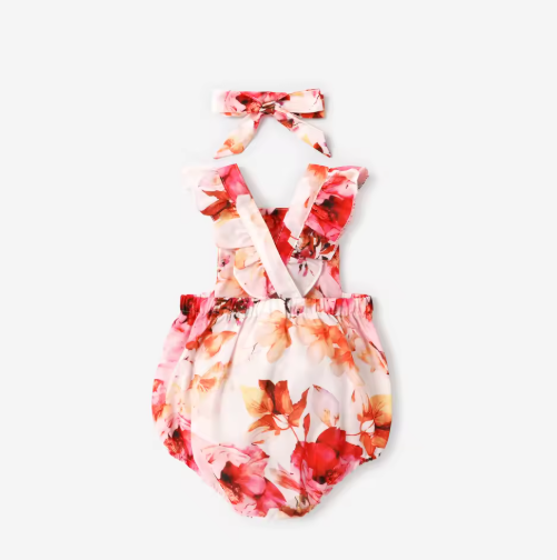 Floral Print Ruffle Trim Sleeveless Romper