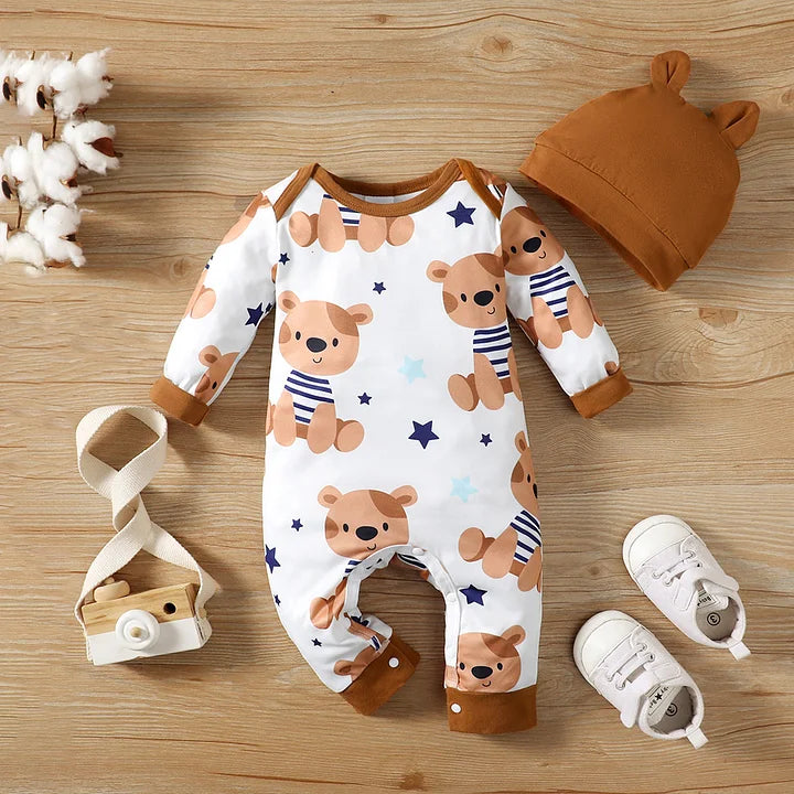Baby Boy Allover Bear Print Long-sleeve Jumpsuit and Ear Hat Set