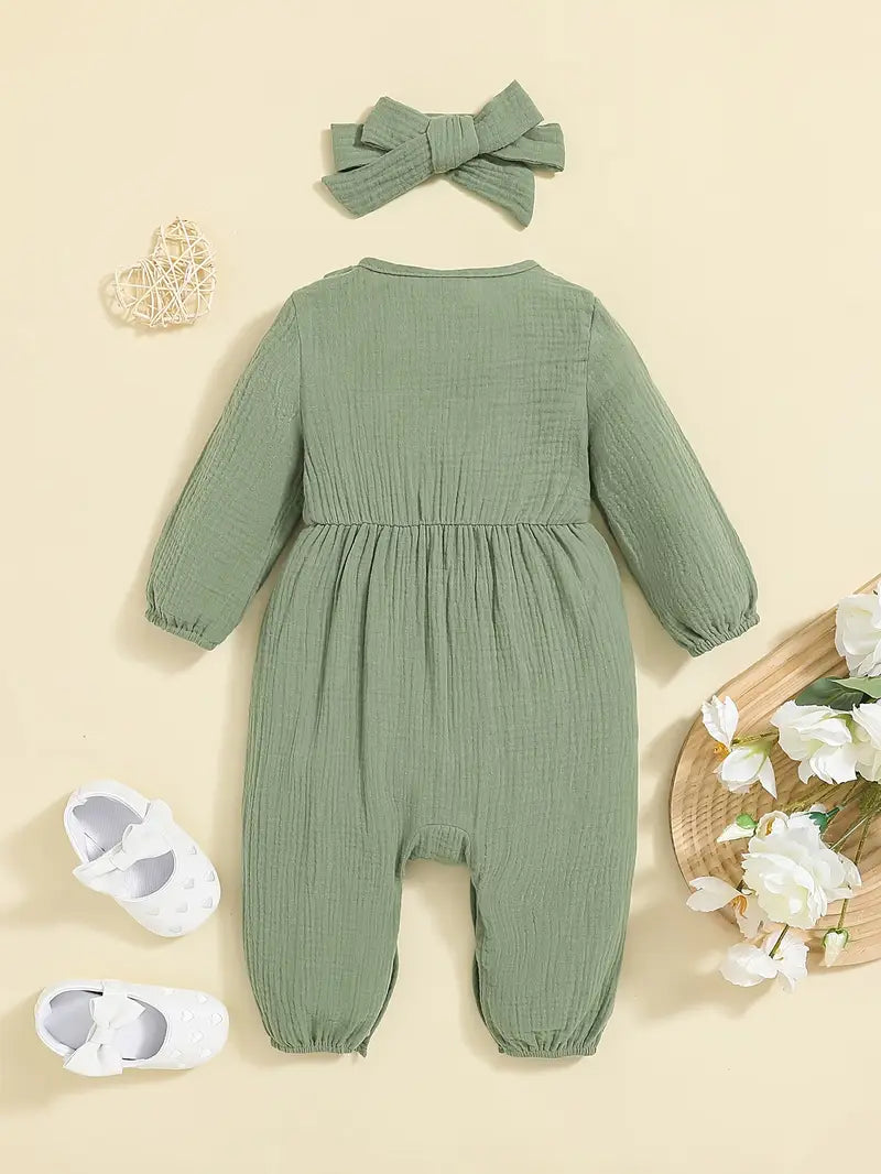 Olive Green Ruffled Sleeve Romper with Button Details