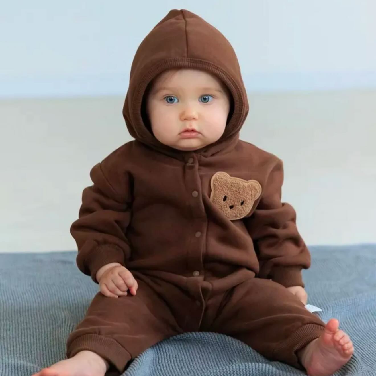Baby Boy Autumn/Winter Jumpsuit with Bear Patch, Warm and Thick Romper with Pants, Suitable for 0-24 Months, Ideal for Outdoor Use