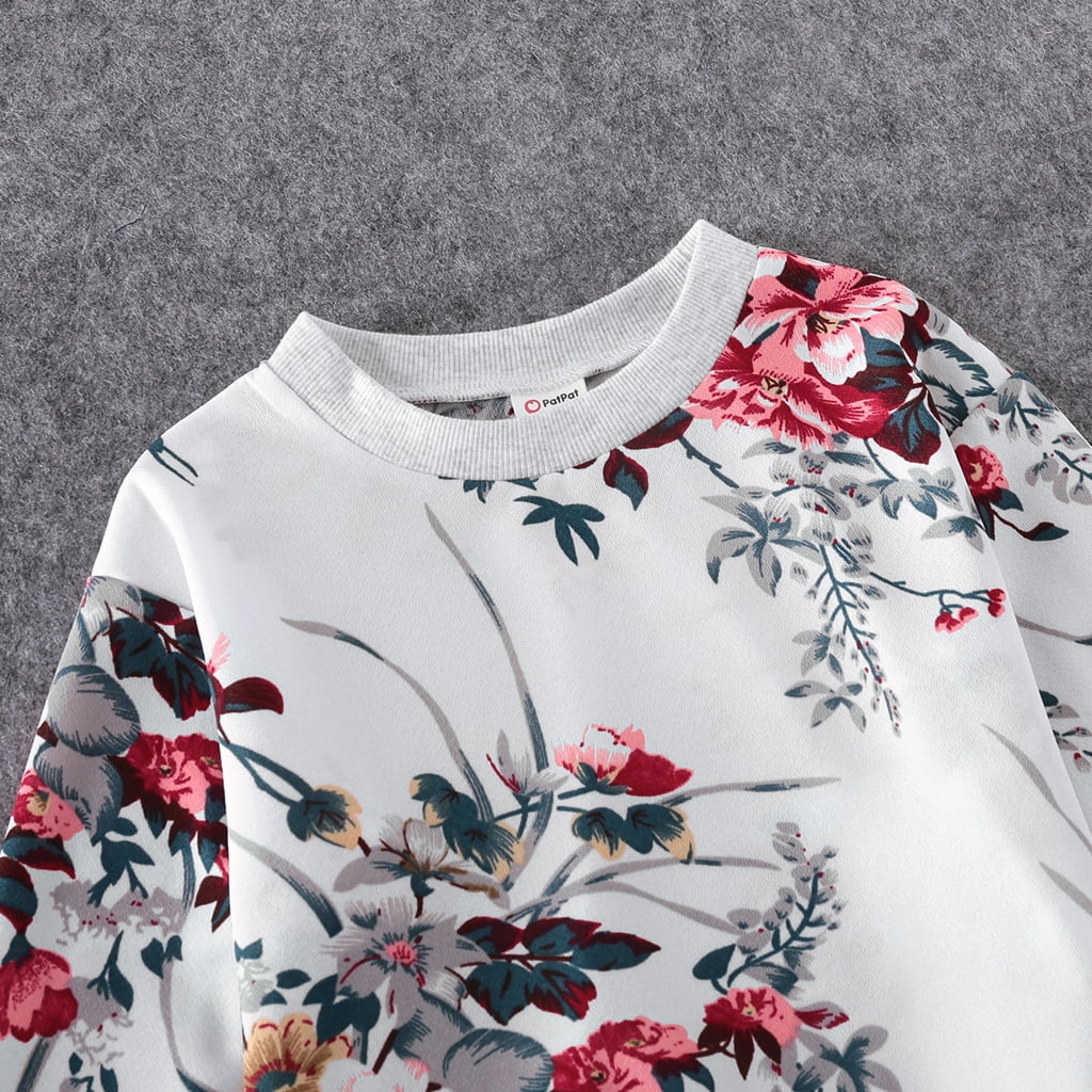 Sweatshirt Set,Floral Print Crewneck Drop Shoulder Long Sleeve