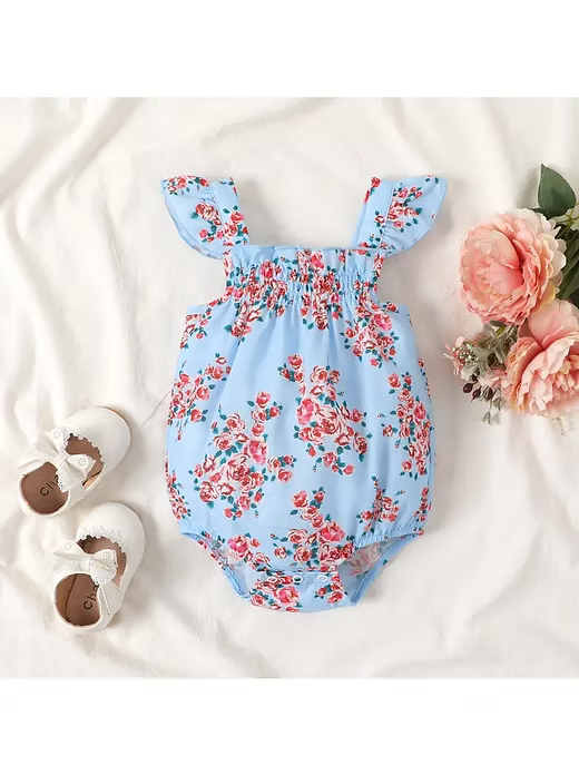 Baby Cotton Sweet flower Print Smocked Slip romper