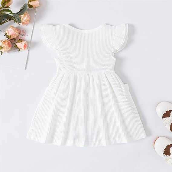 Baby Girl White Button Front Solid Rib Knit Ruffle Trim Tank Dress