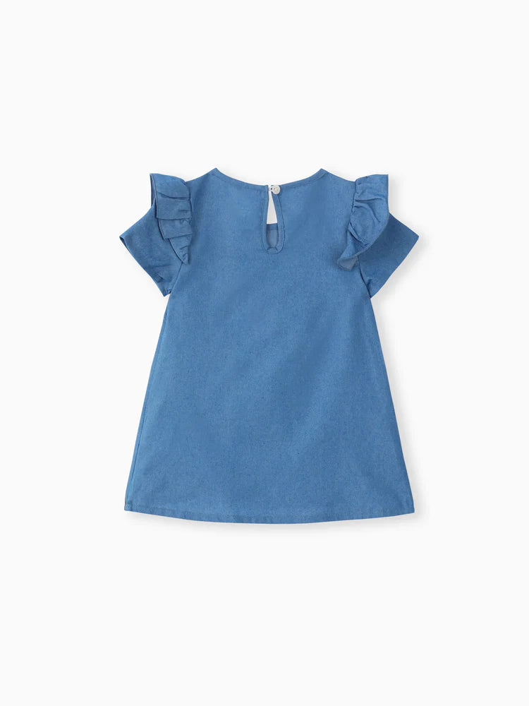 Baby Girl Cute Cat Print Ruffled Short-sleeve Dress Blue