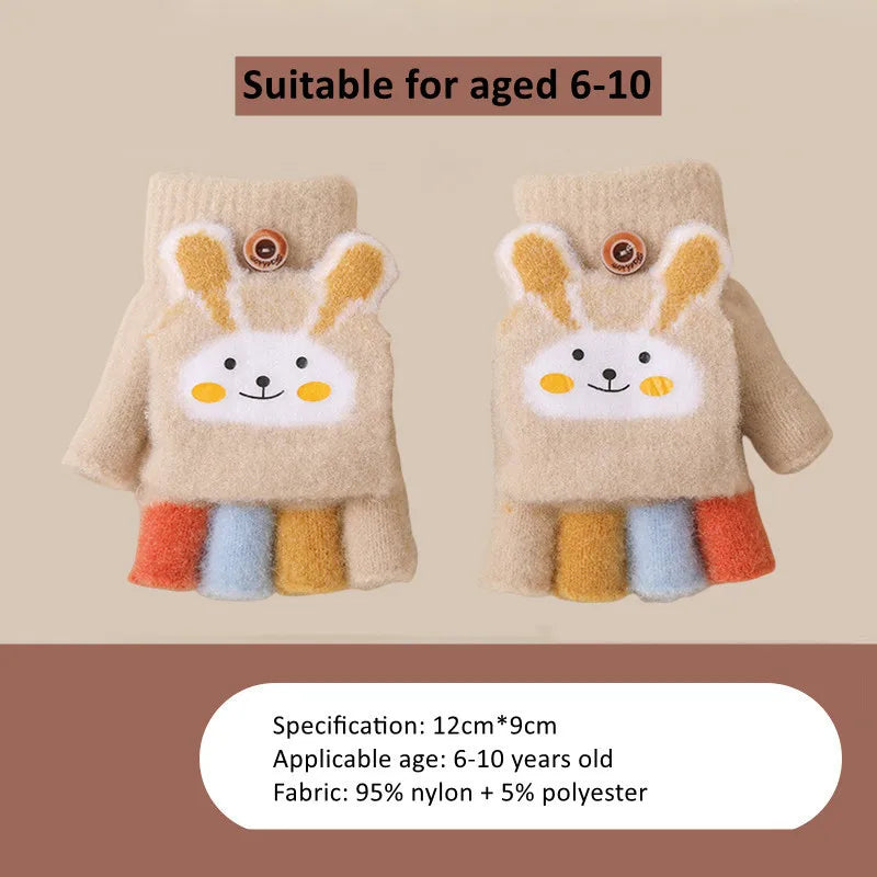 Cute Thick Gloves Winter Cartoon Rabbit Flip Half Finger Glove -H