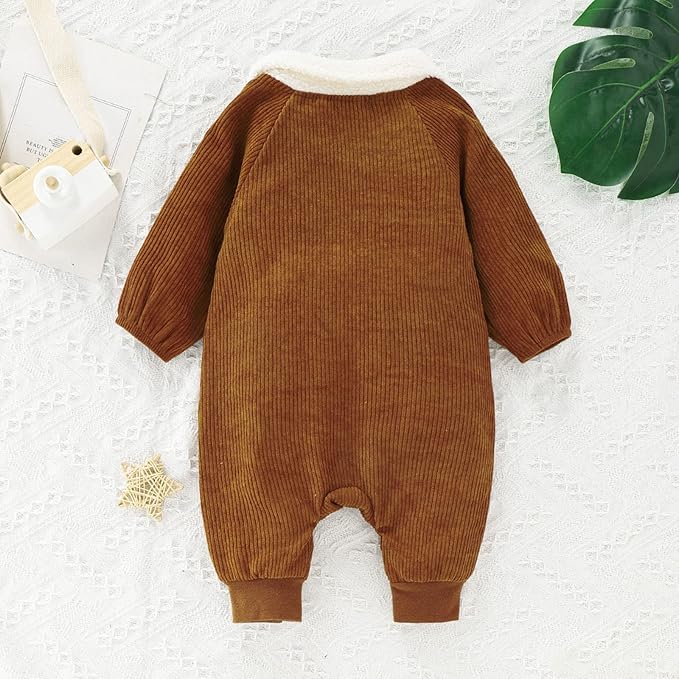 Winter Long Sleeve Corduroy Romper Solid Color Button Down Jumpsuit