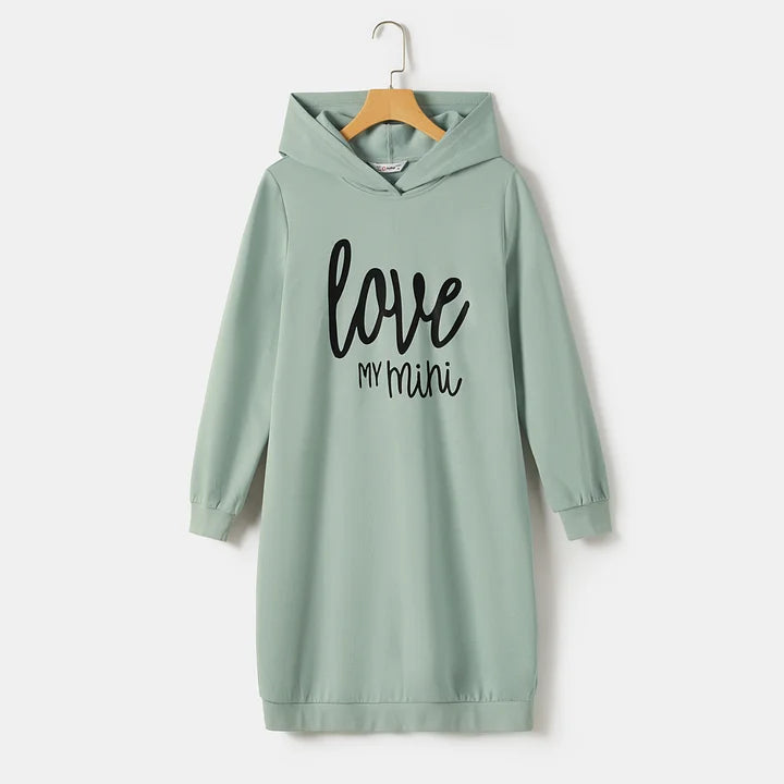 Letter Print Green Long-sleeve Hoodie Dress