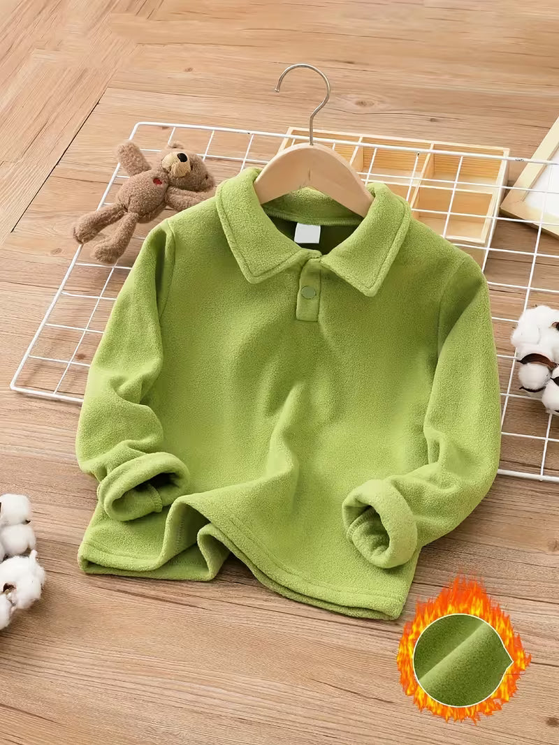 Autumn Polo Shirt for Boys with Mid-High Neck, Warm Collar and Long Sleeves / Unisex Fleece Sweatshirt, Solid Color, Modern and Versatile for Children