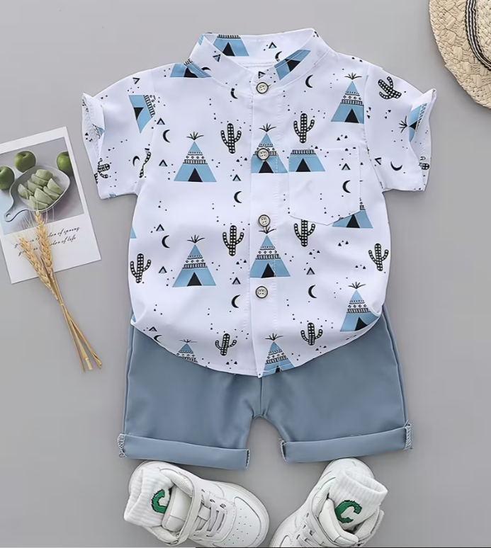 Baby Boy Summer Cartoon Printed Randomly Full-Collar Short Sleeve Shirt