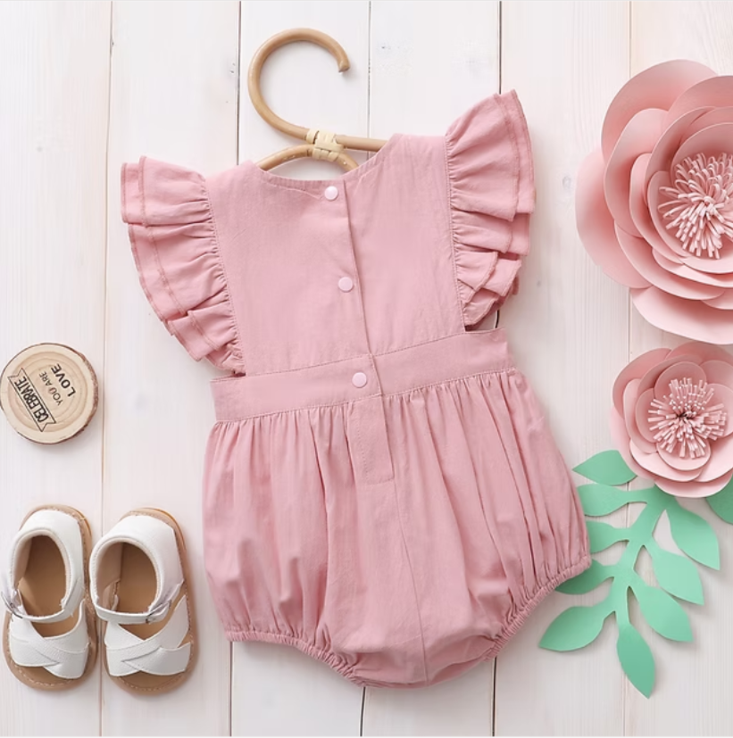 Baby girl bow front ruffle trim romper pink