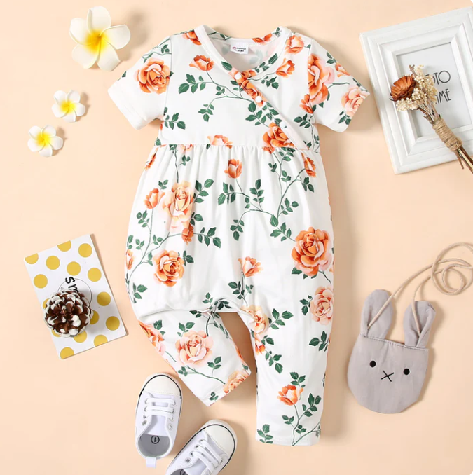 Baby Girl All Over Floral Print V Neck Short-sleeve Snap-up Jumpsuit
