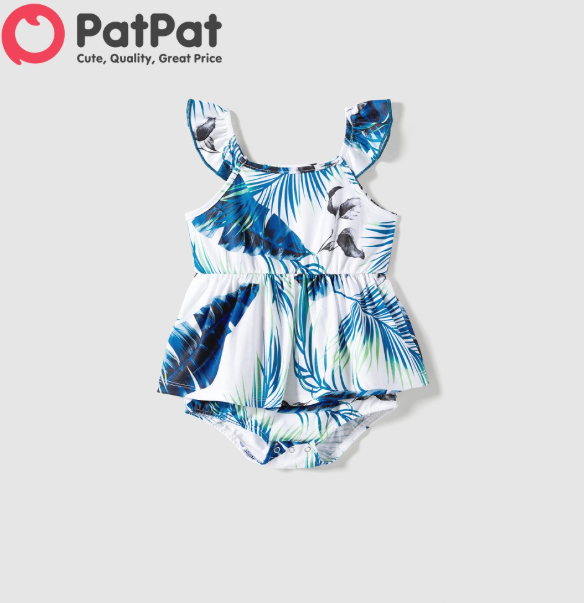 Floral Blue Leaf Print Short-sleeve Romper White