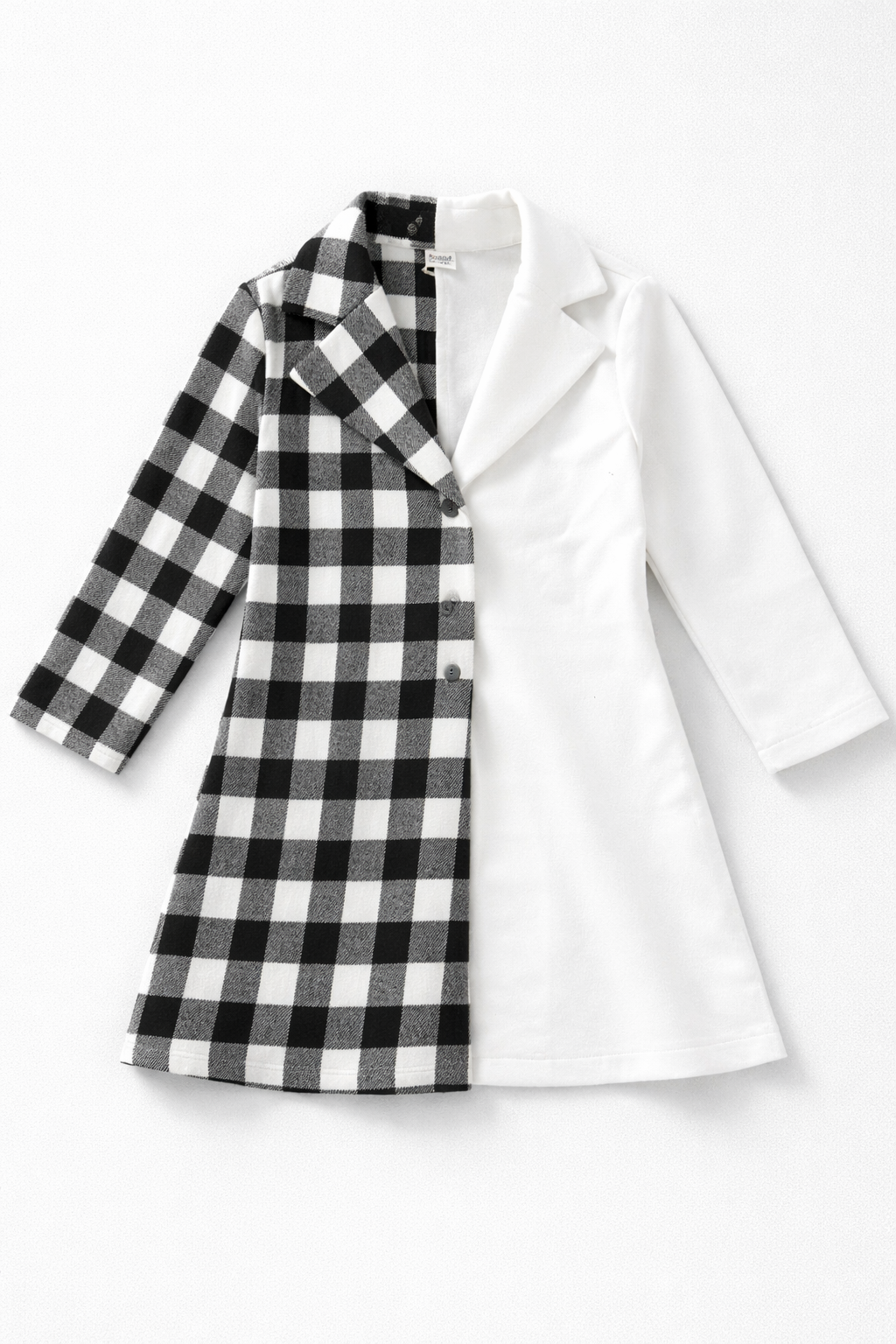 Girls Long Sleeve Black & White Plaid Contrast Coat – Stylish Kids Outerwear