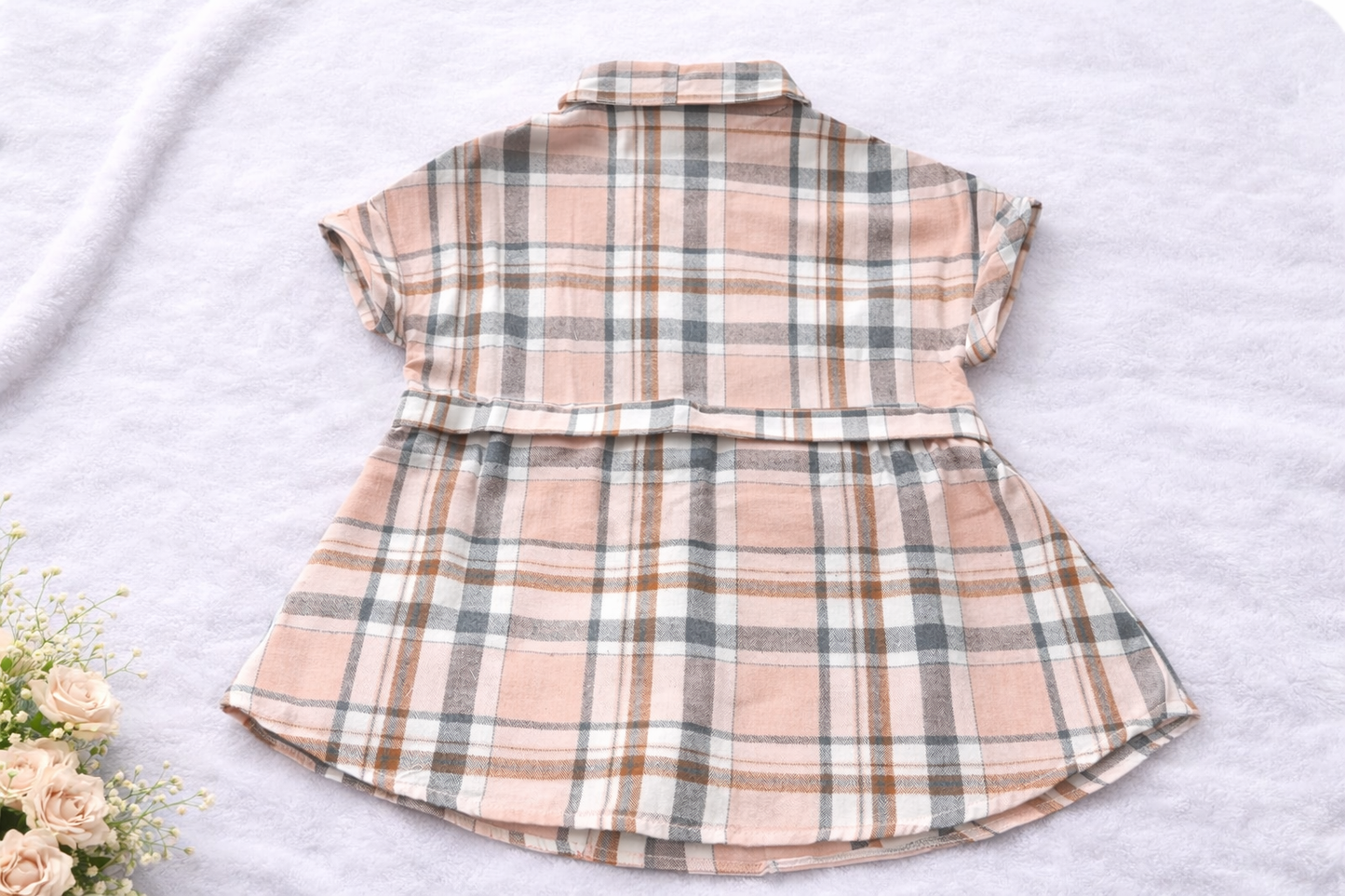Girls Pink & Neutral Plaid Button-Front Dress with Collar and Waist Tie