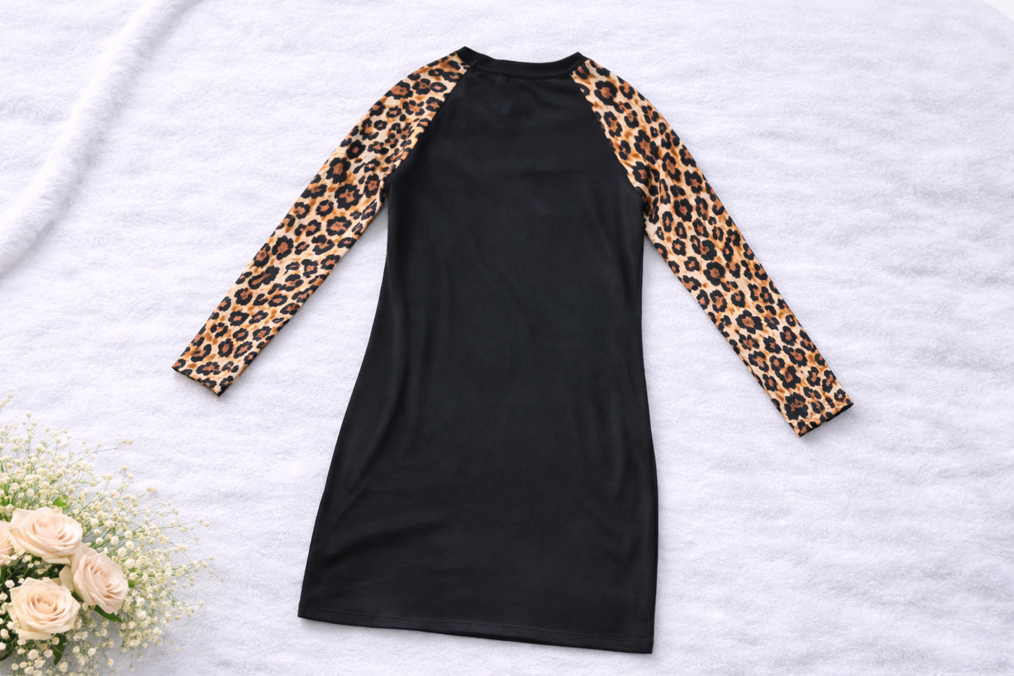 Women’s Black Bodycon Dress with Leopard Print Raglan Sleeves – Long Sleeve Casual Midi Dress