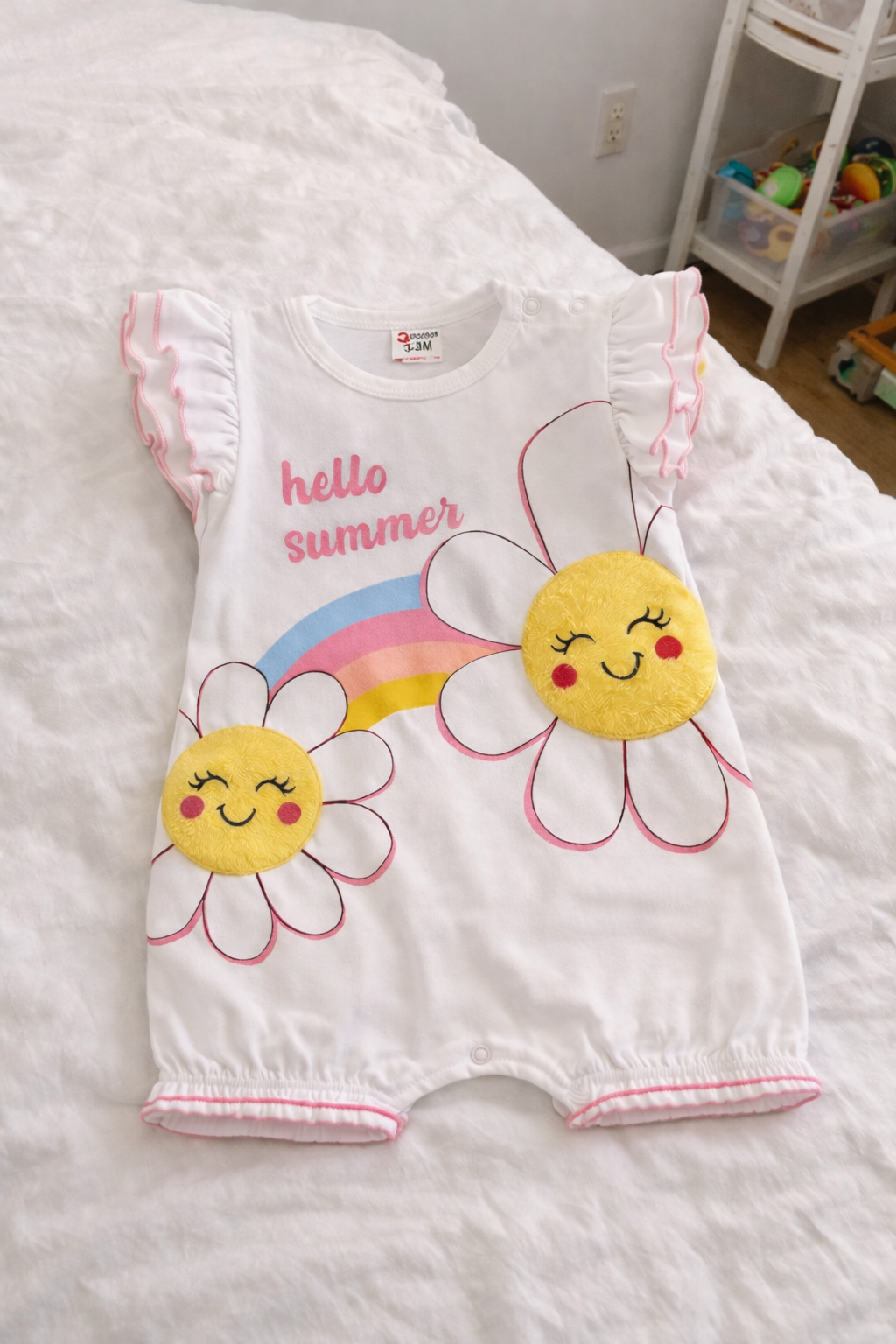 Baby Girl Hello Summer Rainbow Floral Romper with 3D Flower Applique