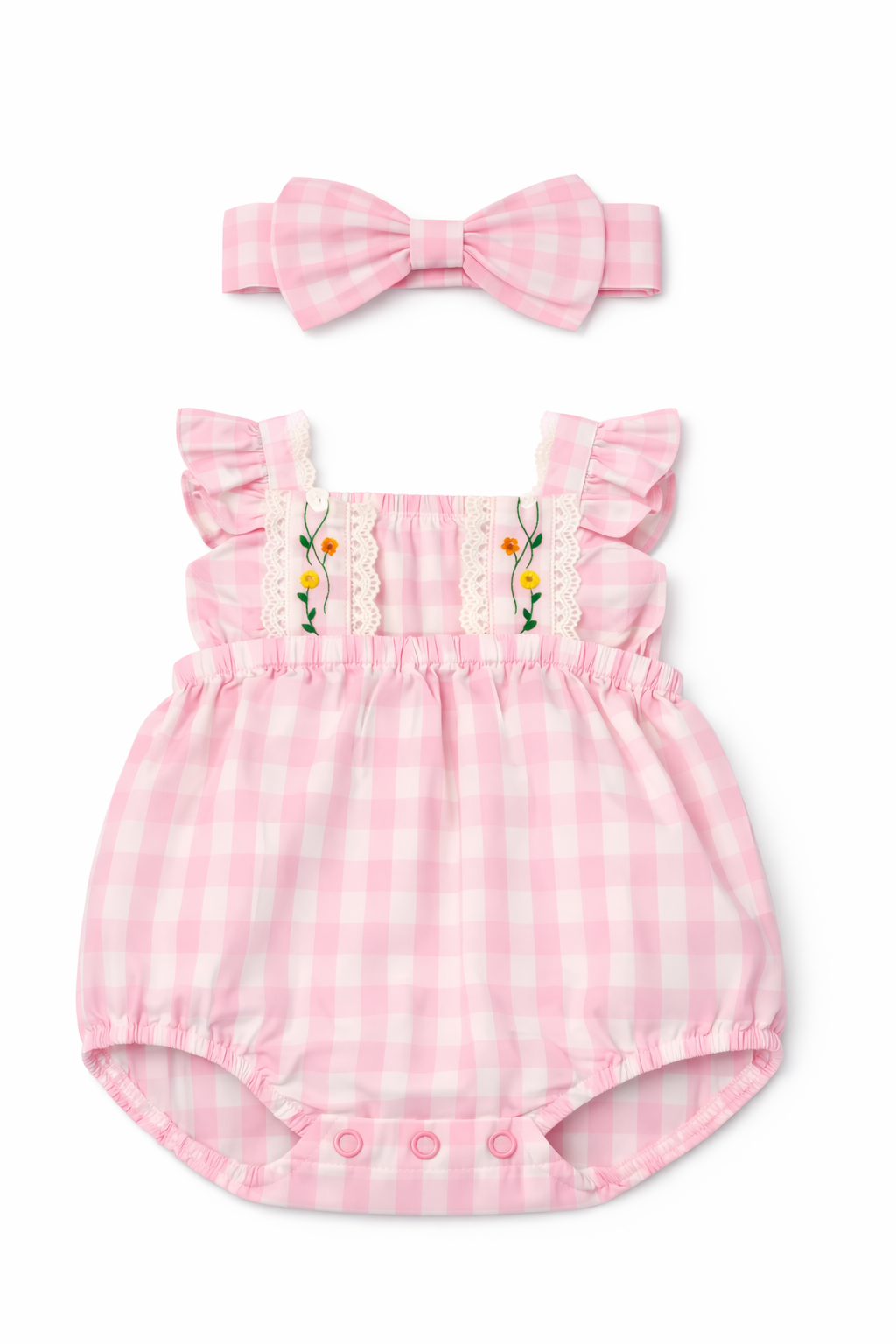 Baby Girl Plaid Cami Romper Pink with head band set