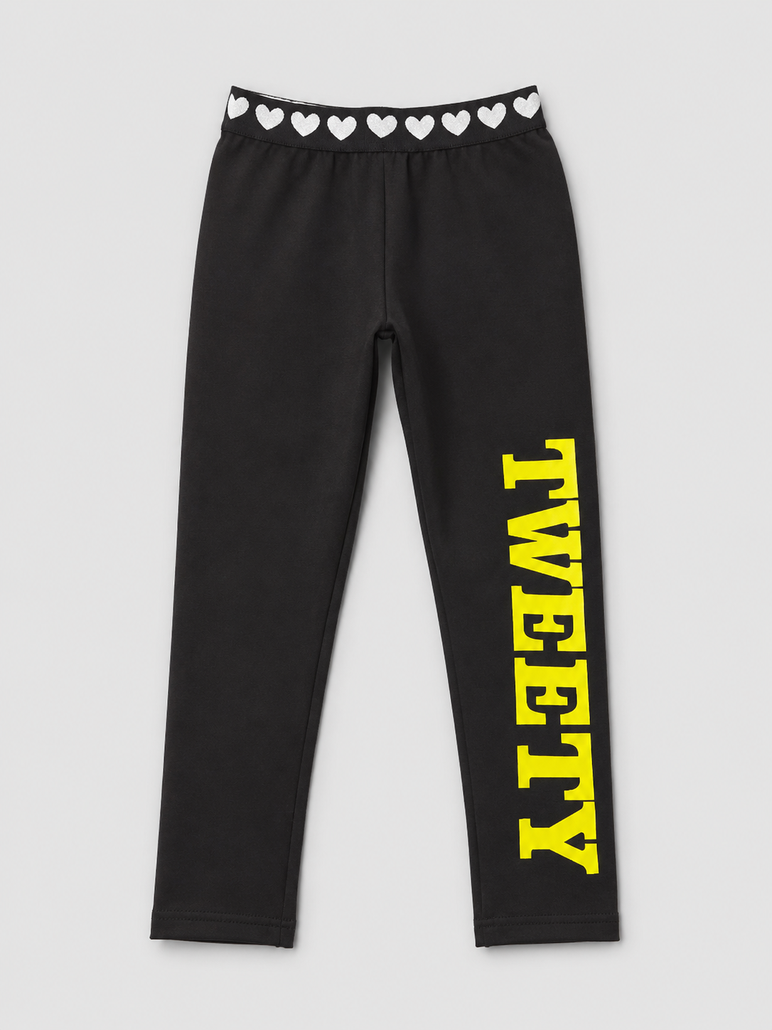 Girls Black Leggings with Heart Waistband and Yellow Letter Print