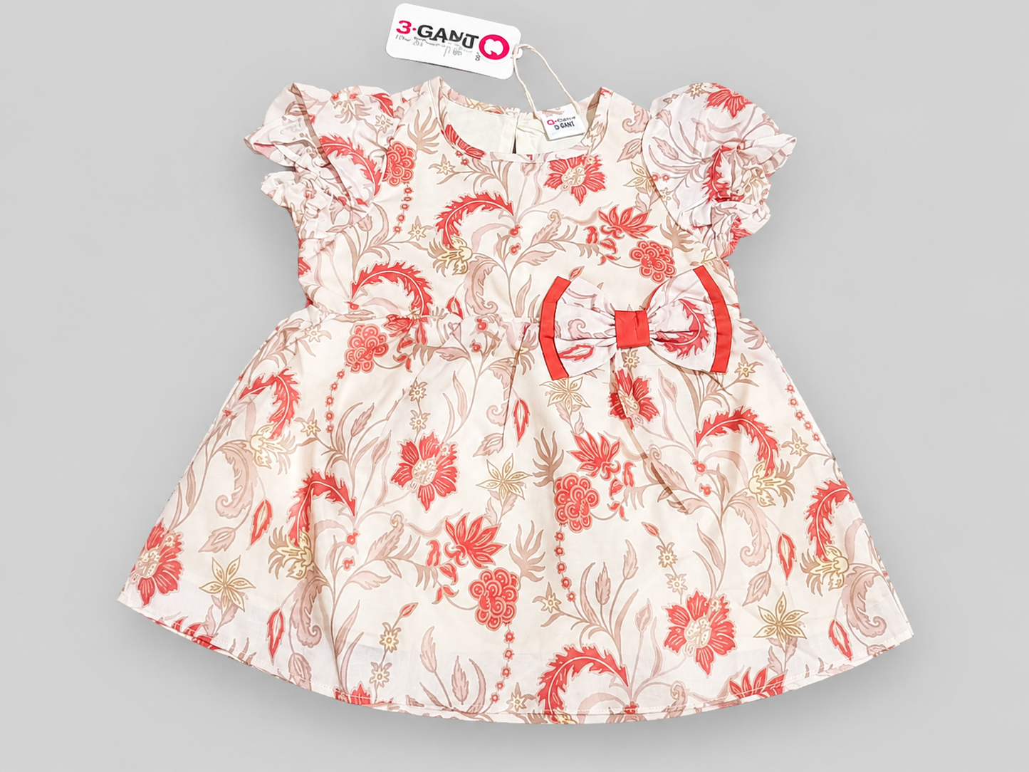 Baby Girl Floral Print Dress with Bow & Ruffle Sleeve Detail