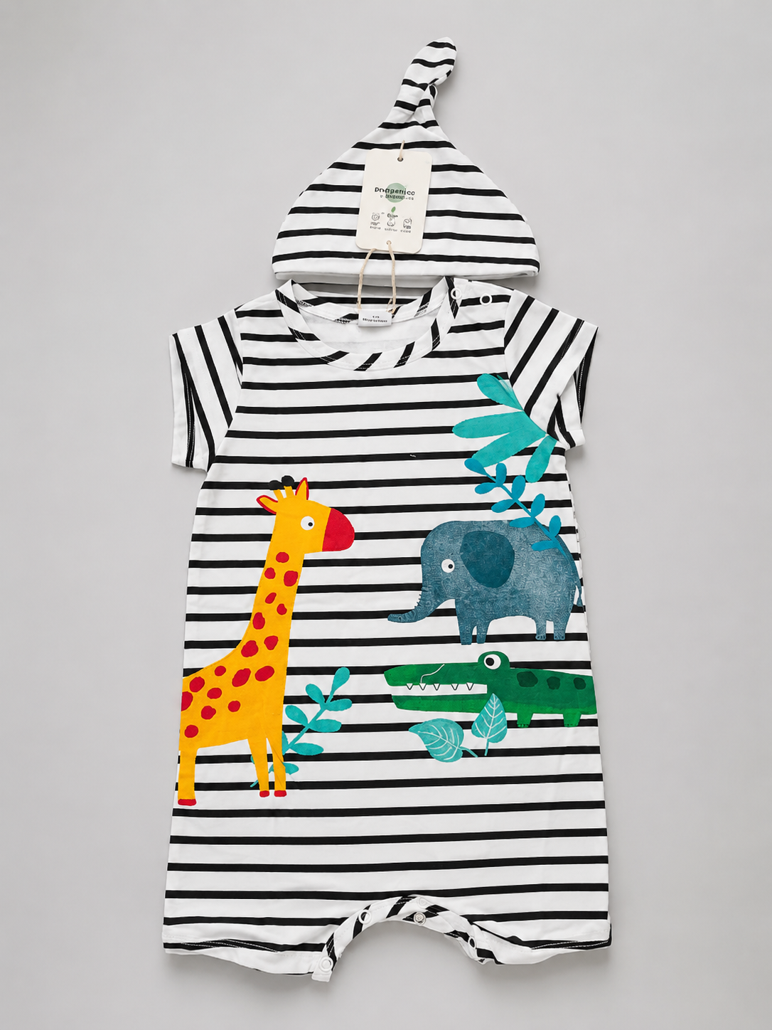 Baby/Toddler Striped Animal Print Romper with Matching Hat