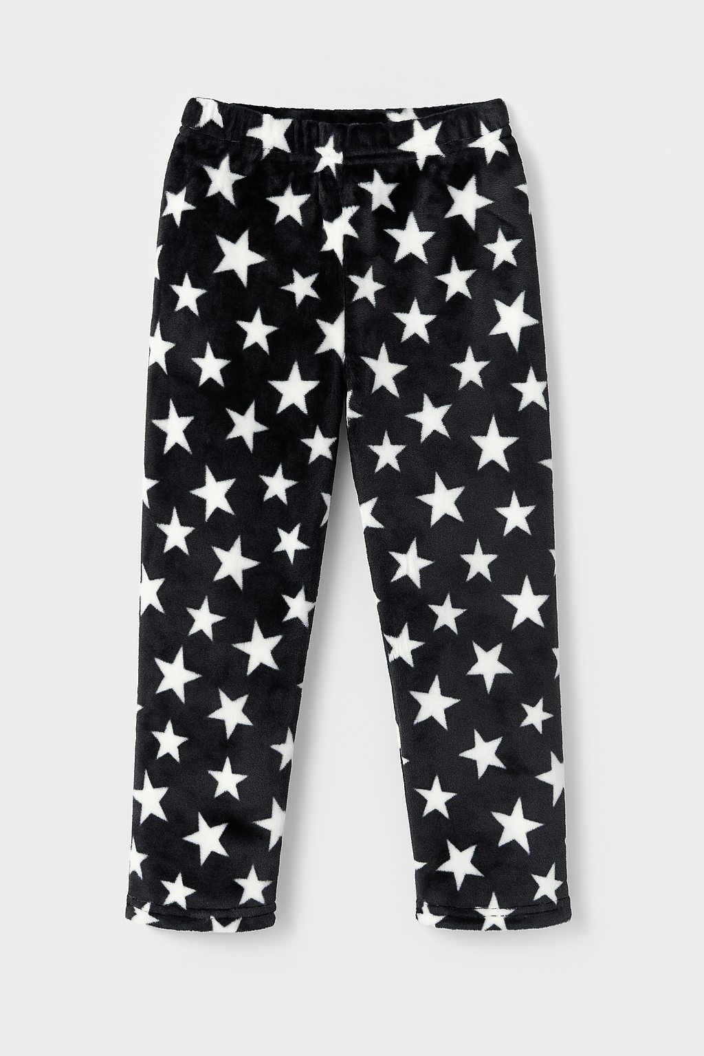 Kids Black Plush Fleece Pants with White Star Print