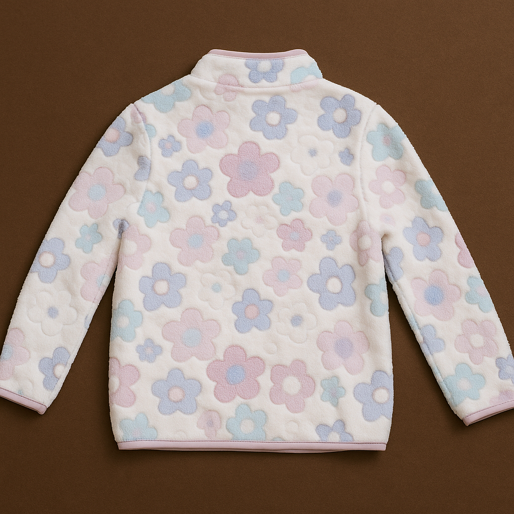 pastel Floral Fleece Jacket for Girls – Soft Zip-Up Kids Outerwear