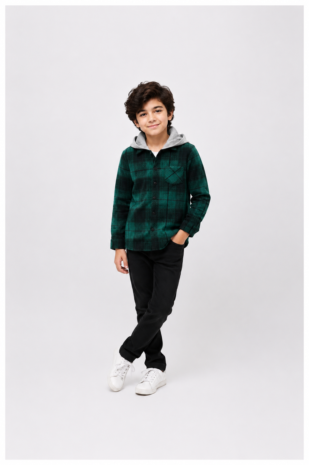 Boys Plaid Hooded Shirt Jacket with Contrast Hood