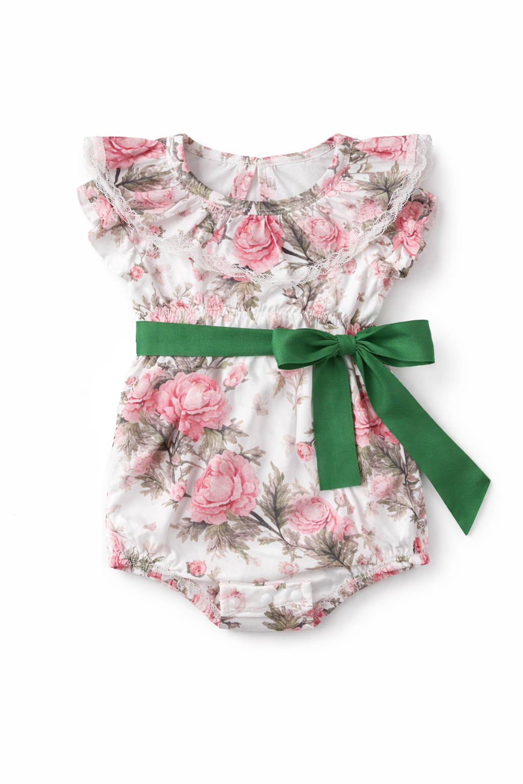 Baby Girls Floral Ruffle Sleeve Romper with ribbon