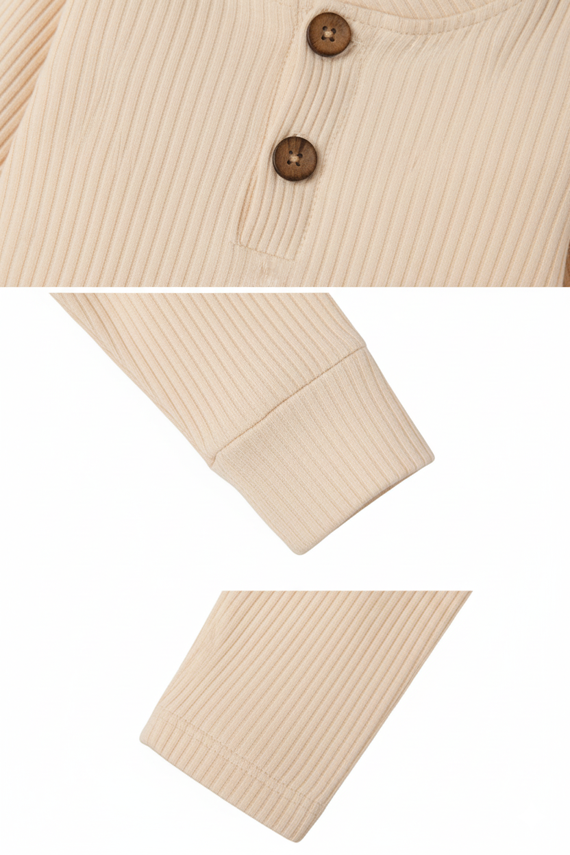 Long Sleeve Solid Color 2 Piece set Beige -S