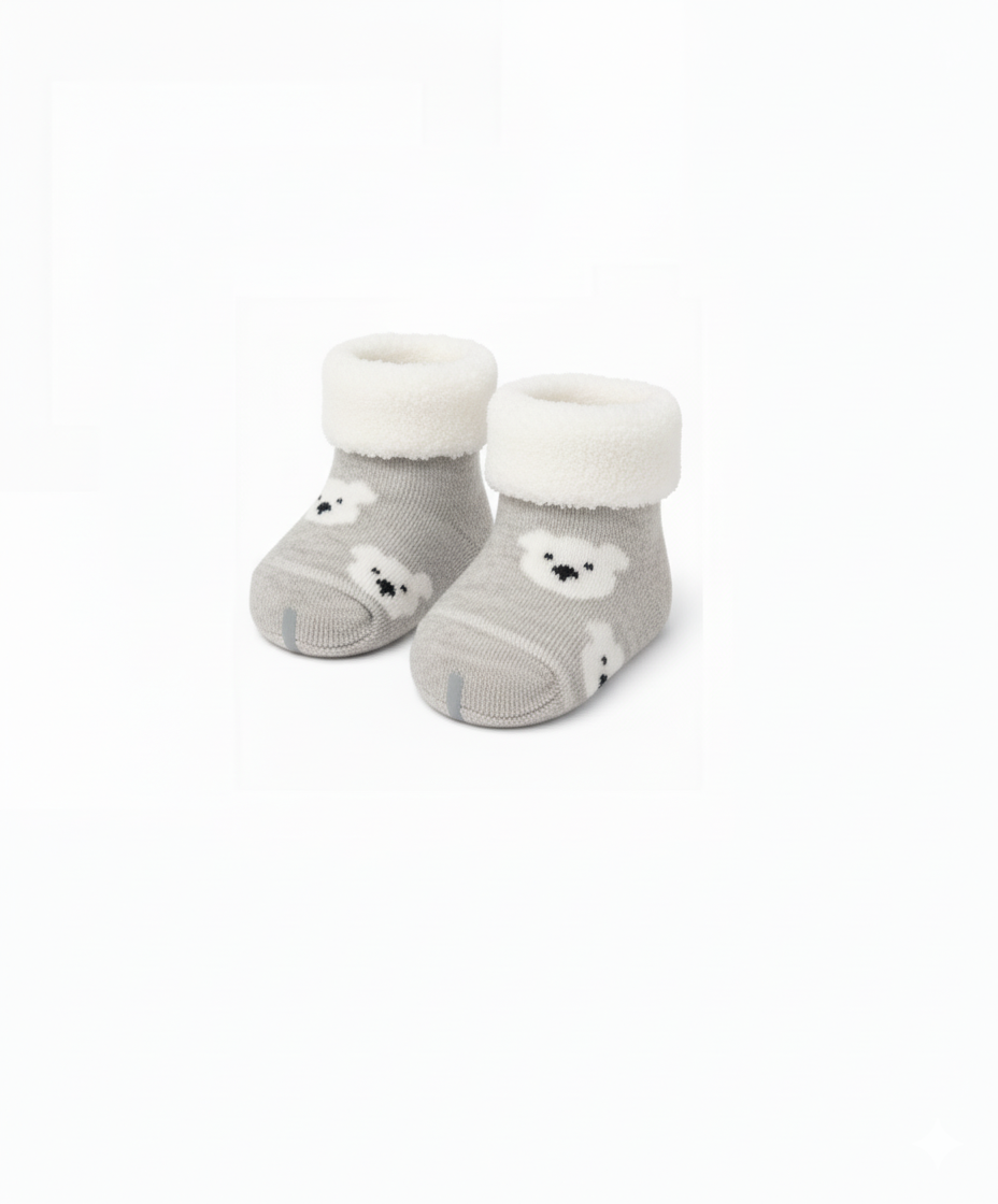 Warm Fleece Baby Socks with Cute Bear Design Grey