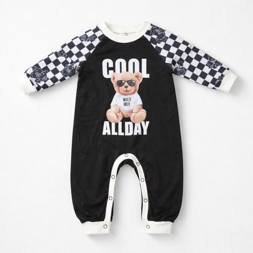 Baby Boys Black Cool Teddy Bear Long Sleeve Romper