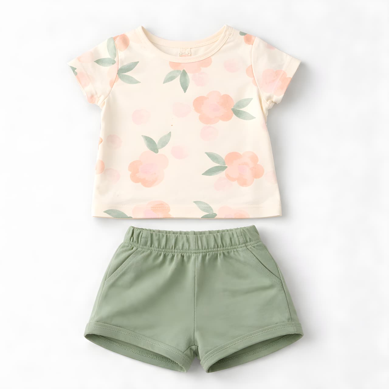 Girls 4-Piece Floral Cotton Summer Outfit Set – 2 T-Shirts & 2 Shorts- Pink and Green 042LH