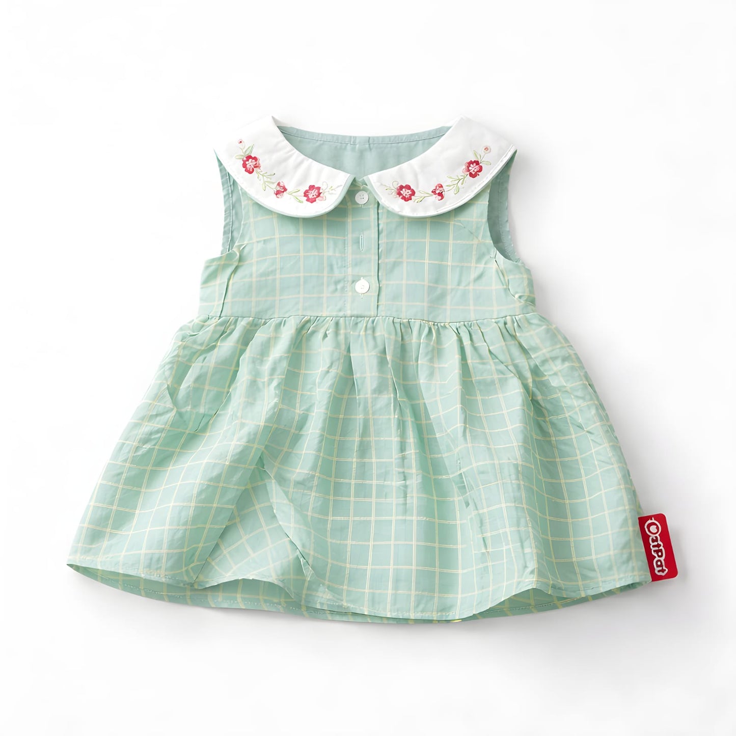 Baby Girls Mint Green Plaid Sleeveless Dress with Embroidered Collar