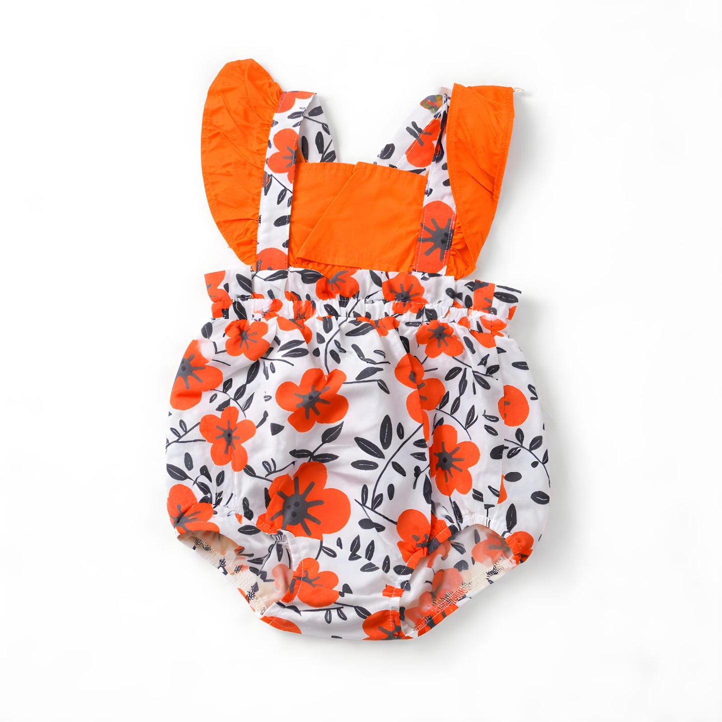 Baby Girls Orange Floral Ruffle Strap Romper