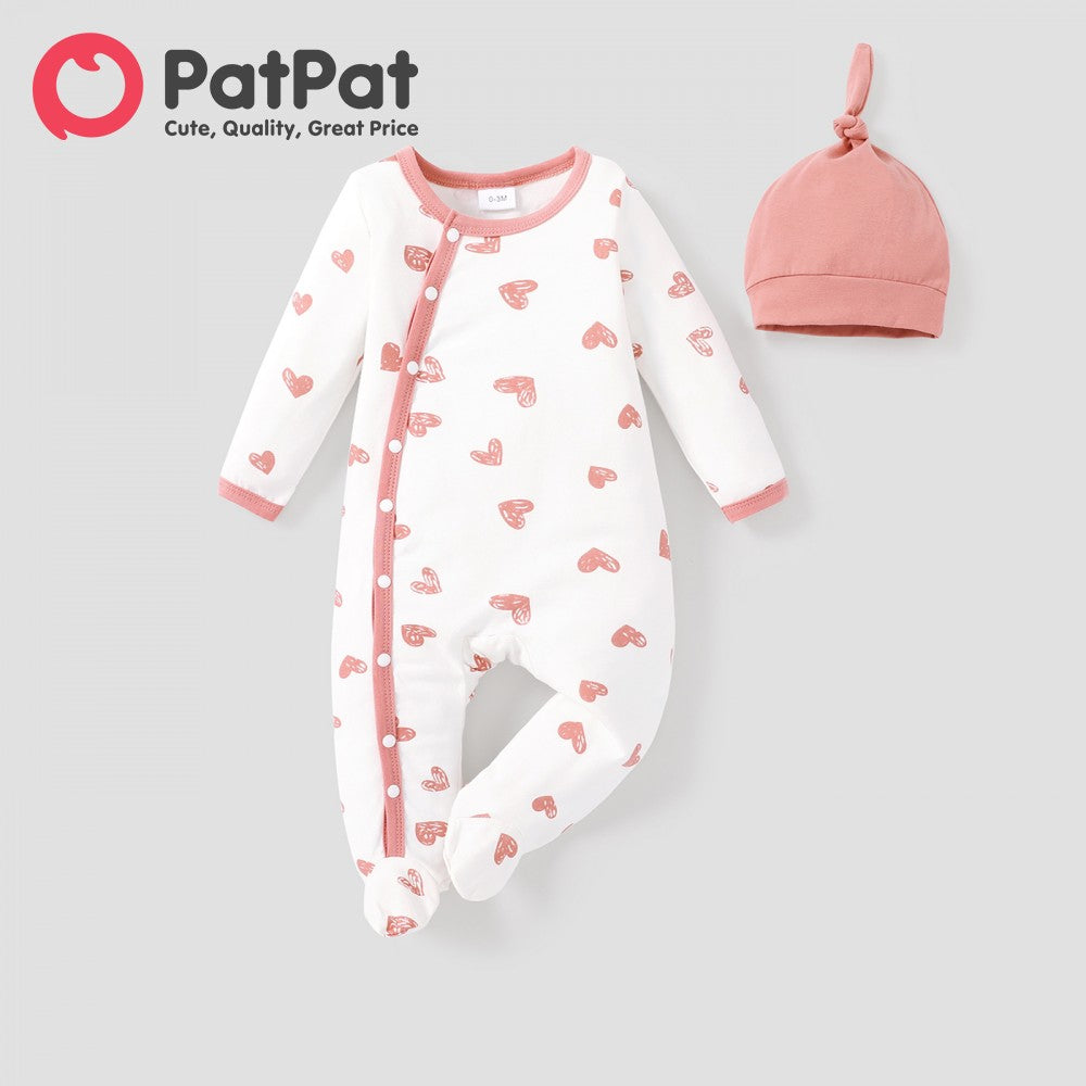 Cotton Long-sleeve Love Heart Print Footed Honey Comfort Jumpsuit with Hat