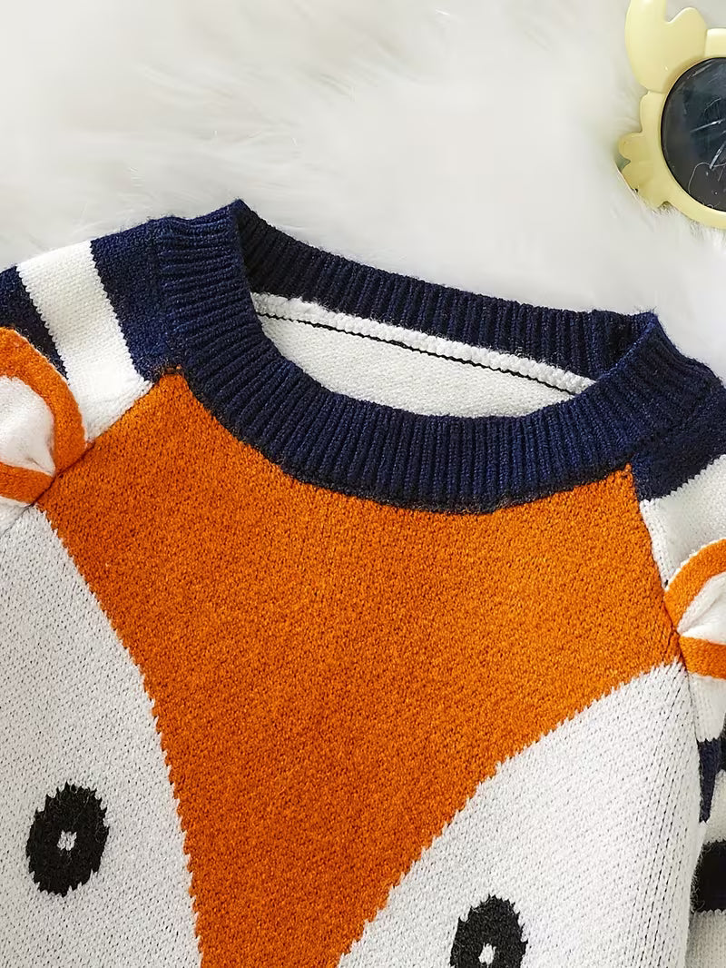 Cute striped patchwork knit sweater with fox design, long-sleeved jumper for children