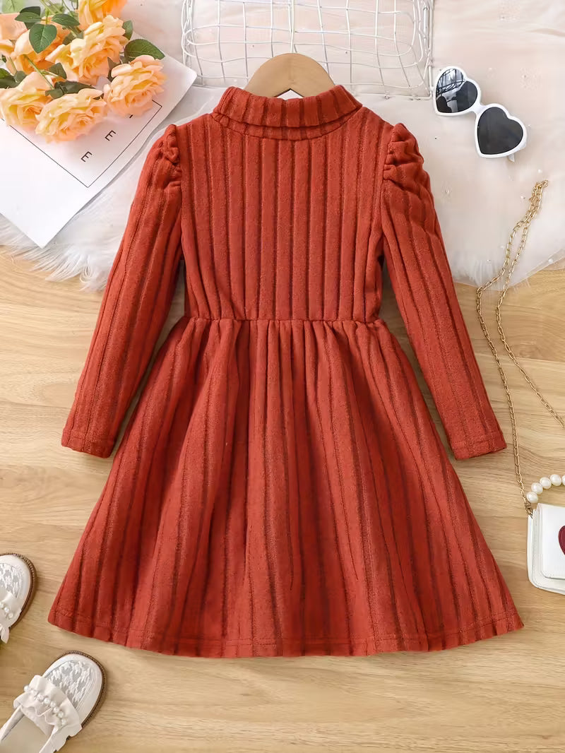 Girls' High Neck Solid Color Knitted Dress