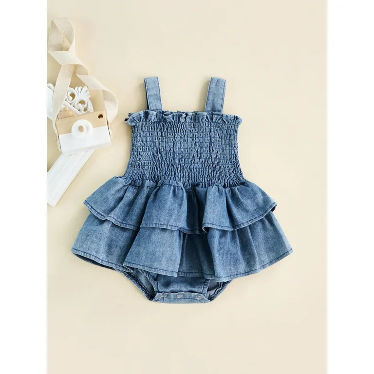 Baby Cotton Sweet Denim Smocked Slip romper