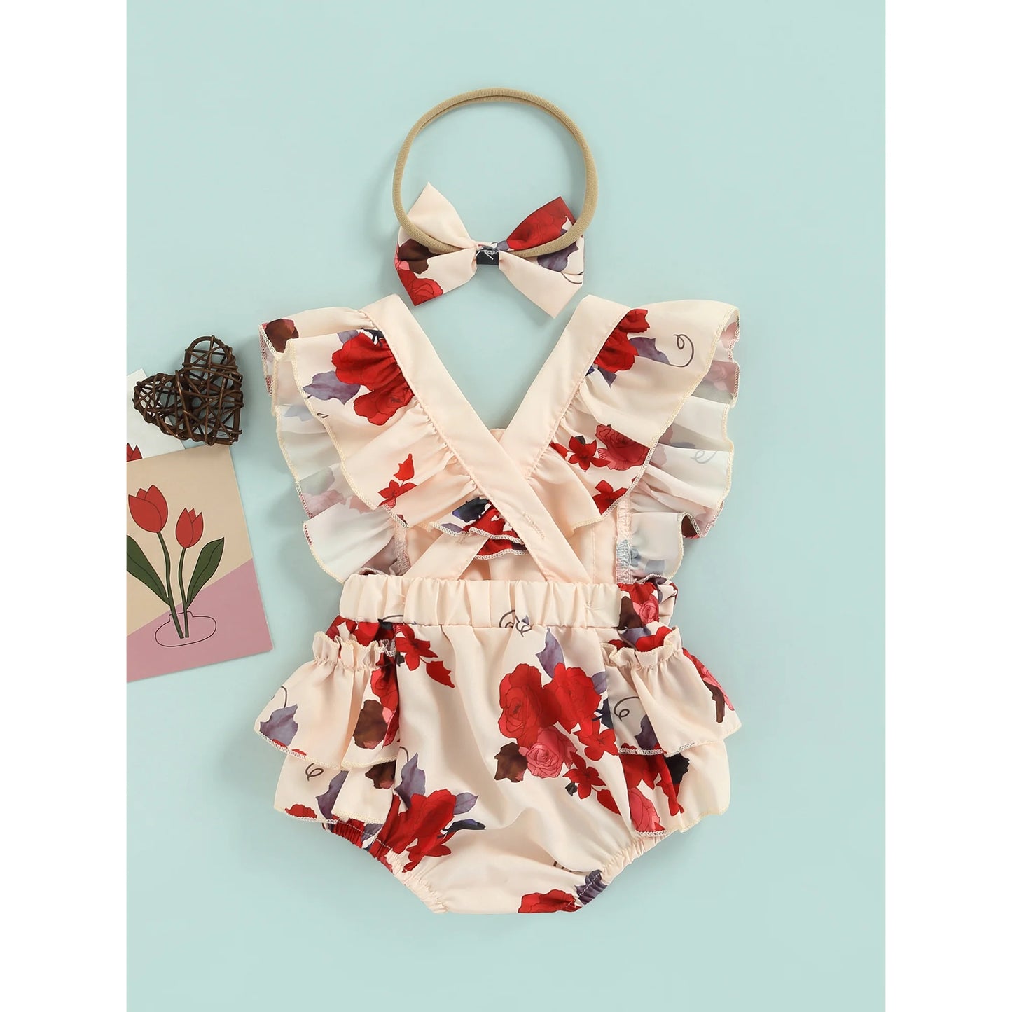 Girls Two-Piece Outfits, Flower Print Flying Sleeve Square Neck Bodysuit and Decorative Bow Headband