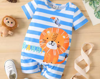 Baby Boy Cartoon Lion Print Blue Striped Short-sleeve Romper