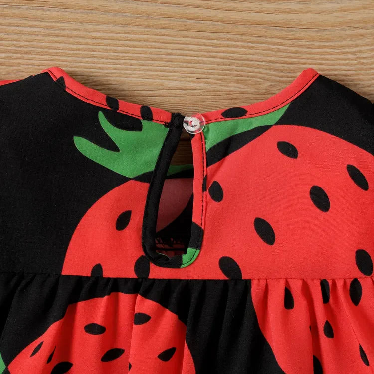 Girl Strawberry Print Flutter-sleeve Dress