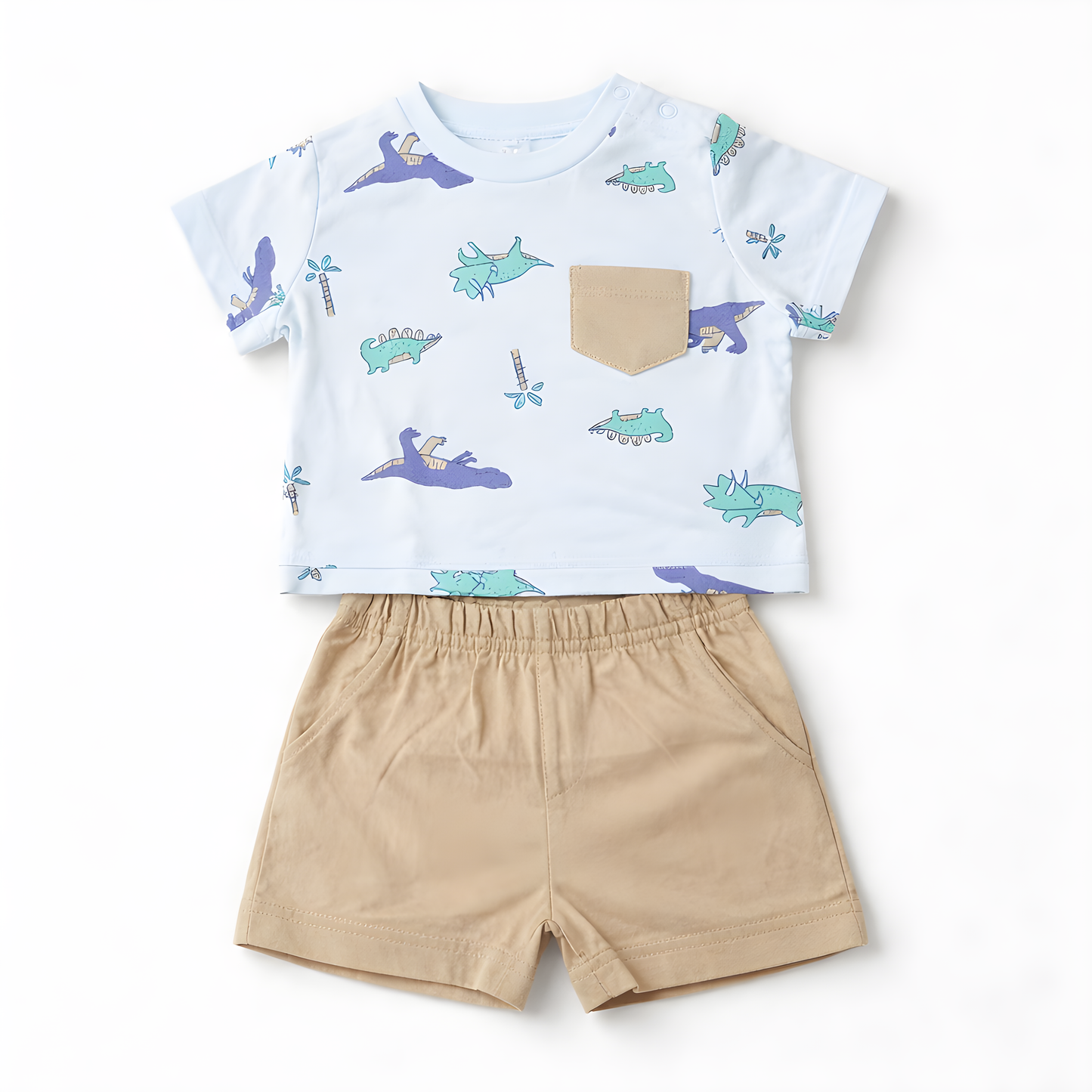Baby Boy 4-Piece Beach Dino Cotton Summer Outfit Set – 2 T-Shirts & 2 Shorts- Light Blue and White 042LH