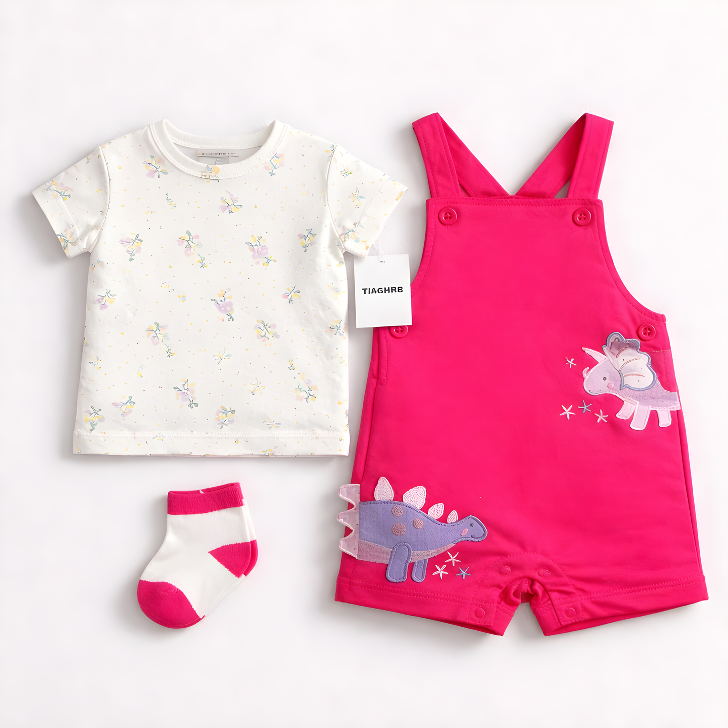 Baby Girl 3-Piece Dino Dungaree Outfit Set with Socks – Pink and White (042LH)