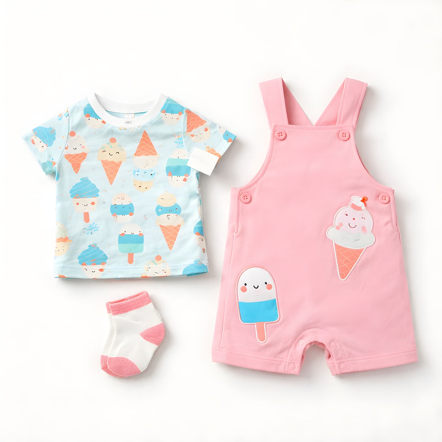 Baby Girl 3-Piece Ice Cream Dungaree Outfit Set with Socks – Pink and Blue(042LH)