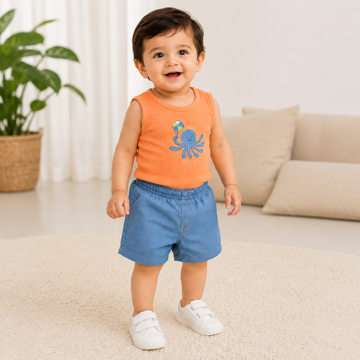 3-Piece Baby Boy Cotton Summer Outfit Set | Octopus Bodysuit, Sea animals Print T-Shirt & blue Shorts 042LH