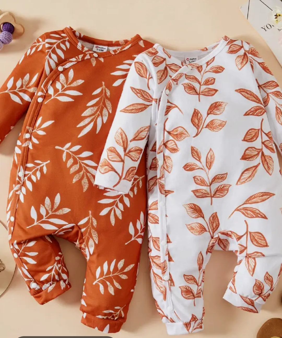 Leaves-Print Long-sleeve Baby Jumpsuit