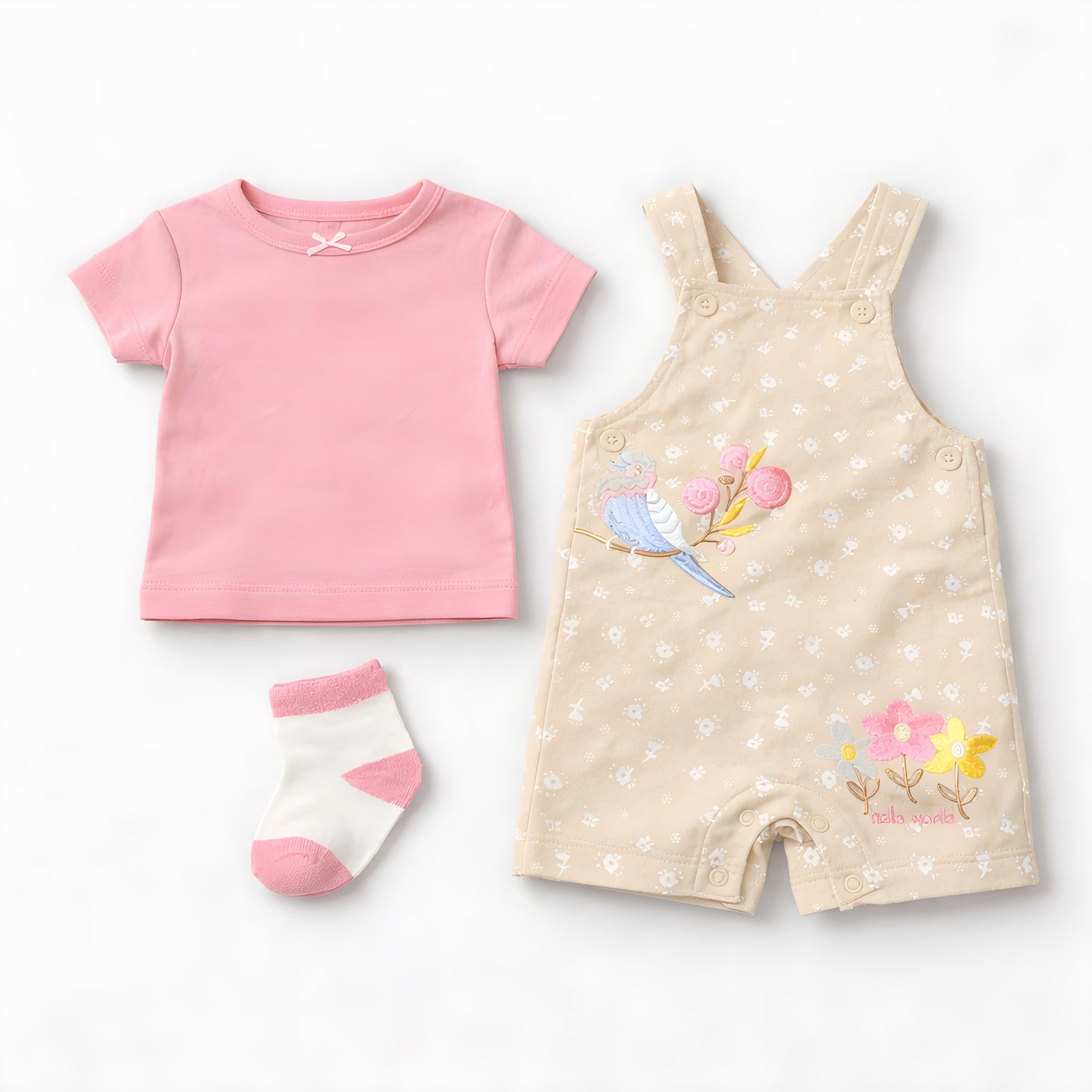 Baby Girls 3-Piece Floral Dungaree Outfit Set with Socks – Pink (042LH)