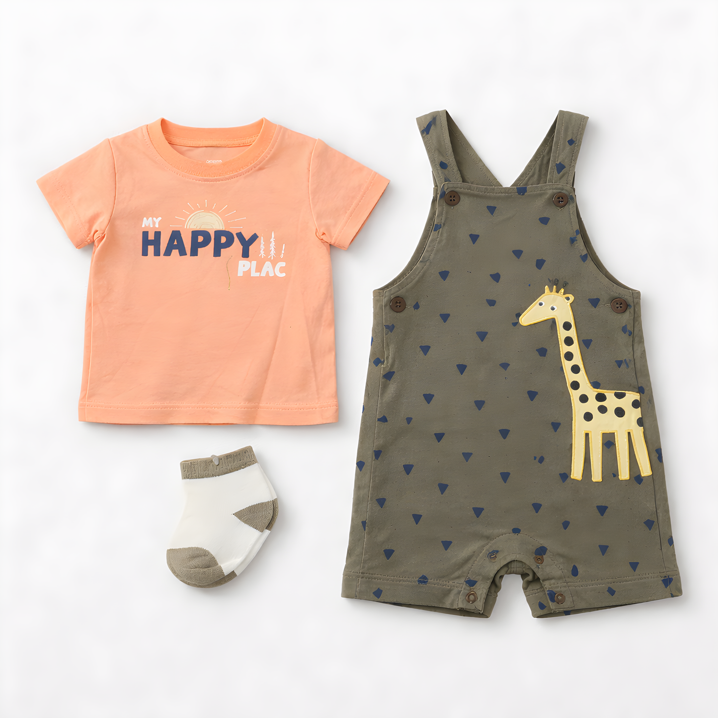 Baby Boy 3-Piece Giraffe Dungaree Outfit Set with Socks – Green and Orange(042LH)