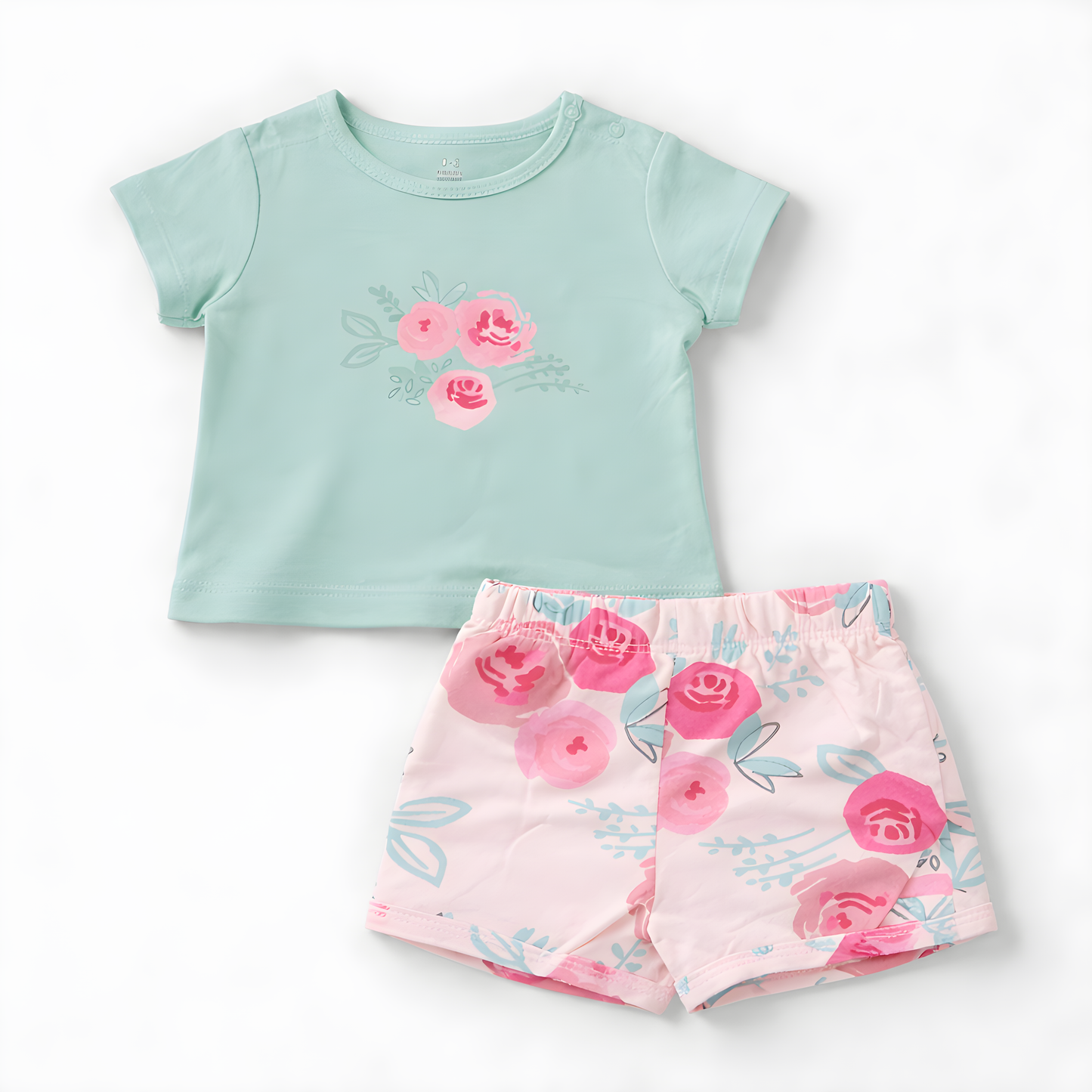 Girls 4-Piece Floral Cotton Summer Outfit Set – 2 T-Shirts & 2 Shorts- Pink , Green and White 042LH
